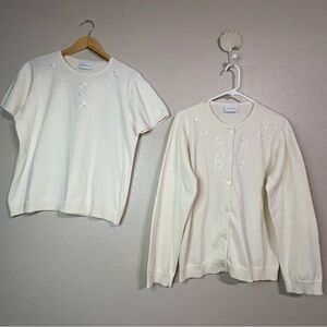 liz claiborne floral beaded knit cardigan set of 2‎ Ivory